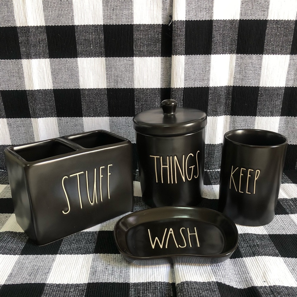 Rae Dunn Bathroom Bundle “STUFF” “THINGS” “KEEP” “WASH” (Black)